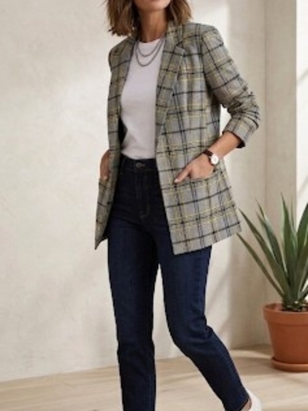 Ellen TracyPlaid Single-Breasted Blazer in Gray and Yellow